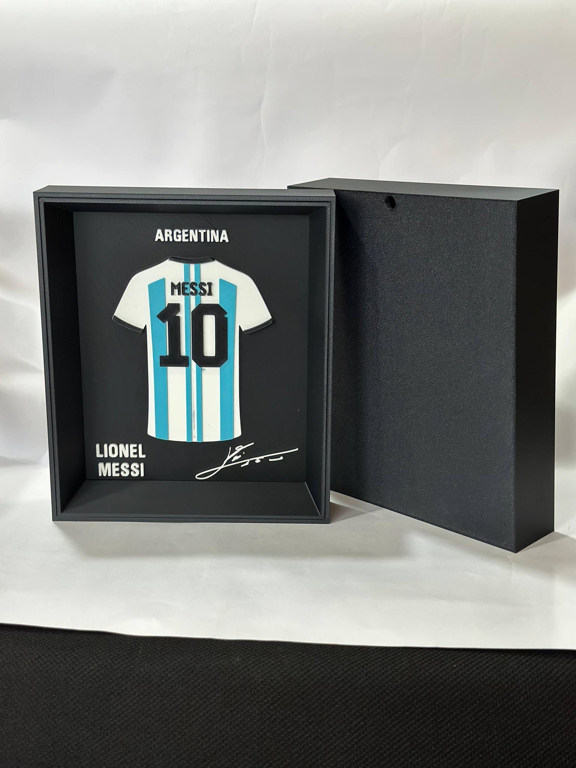 Lionel Messi Argentina #10 jersey 3D printed shadow frame black edition — wall mount and desk display by LayerPop