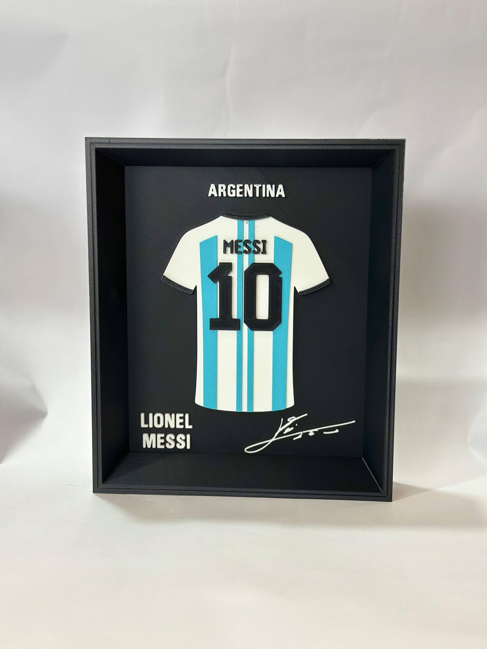 Lionel Messi Argentina #10 jersey 3D printed shadow frame black edition — wall mount and desk display by LayerPop