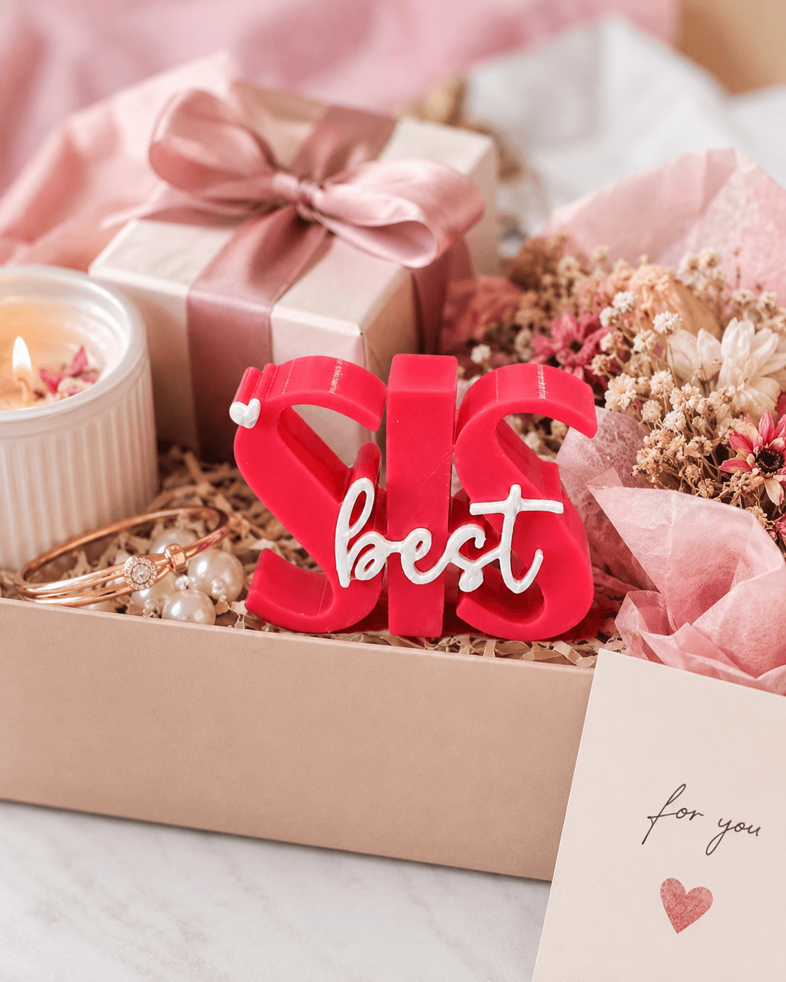 3D printed Best Sis desk prop in pink — sister gift and desk keepsake by LayerPop