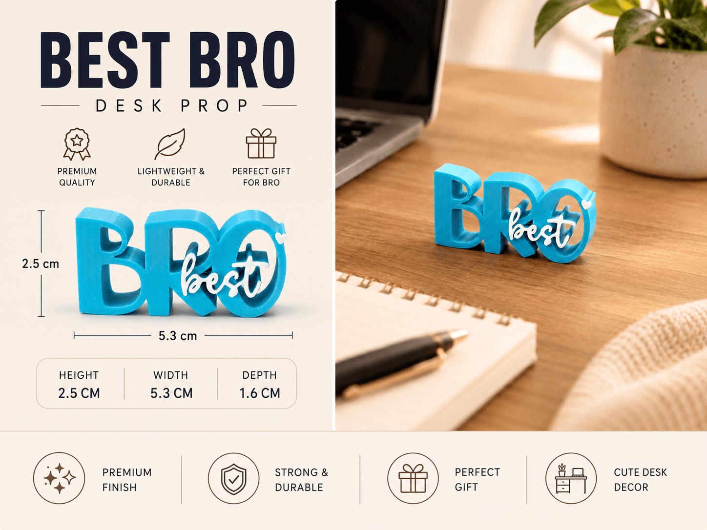 3D printed Best Bro desk prop in blue — brother gift and desk keepsake by LayerPop