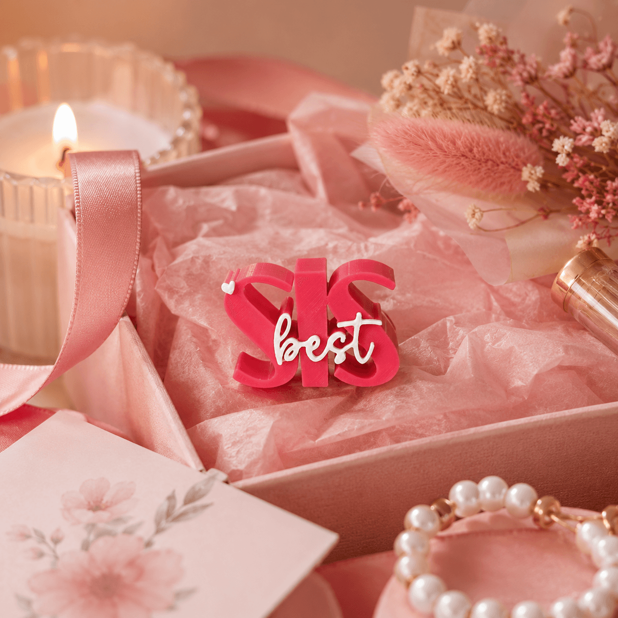 3D printed Best Sis desk prop in pink — sister gift and desk keepsake by LayerPop