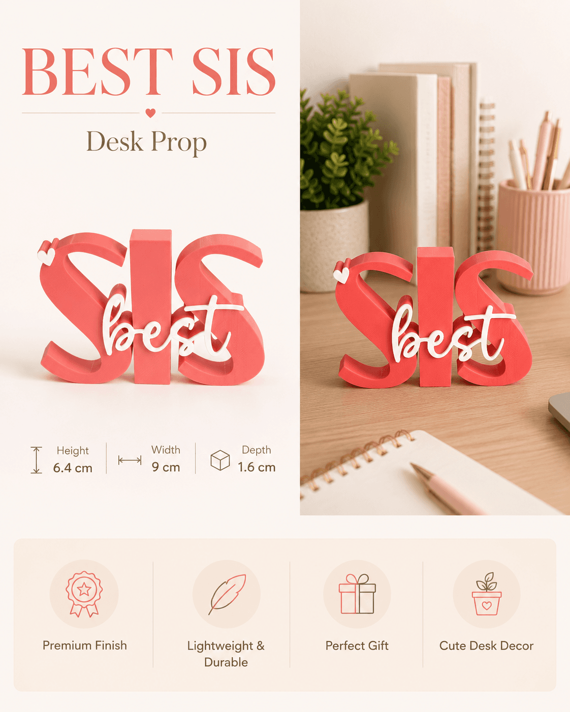 3D printed Best Sis desk prop in pink — sister gift and desk keepsake by LayerPop