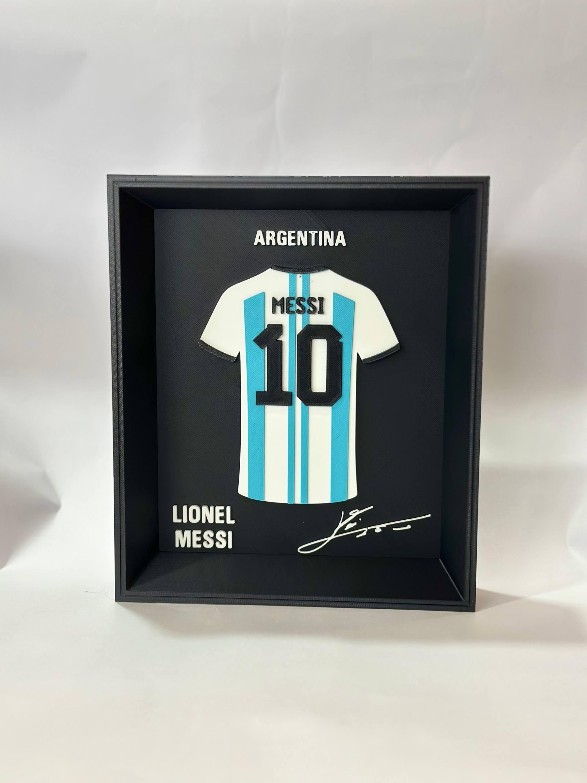 Lionel Messi Argentina #10 jersey 3D printed shadow frame black edition — wall mount and desk display by LayerPop