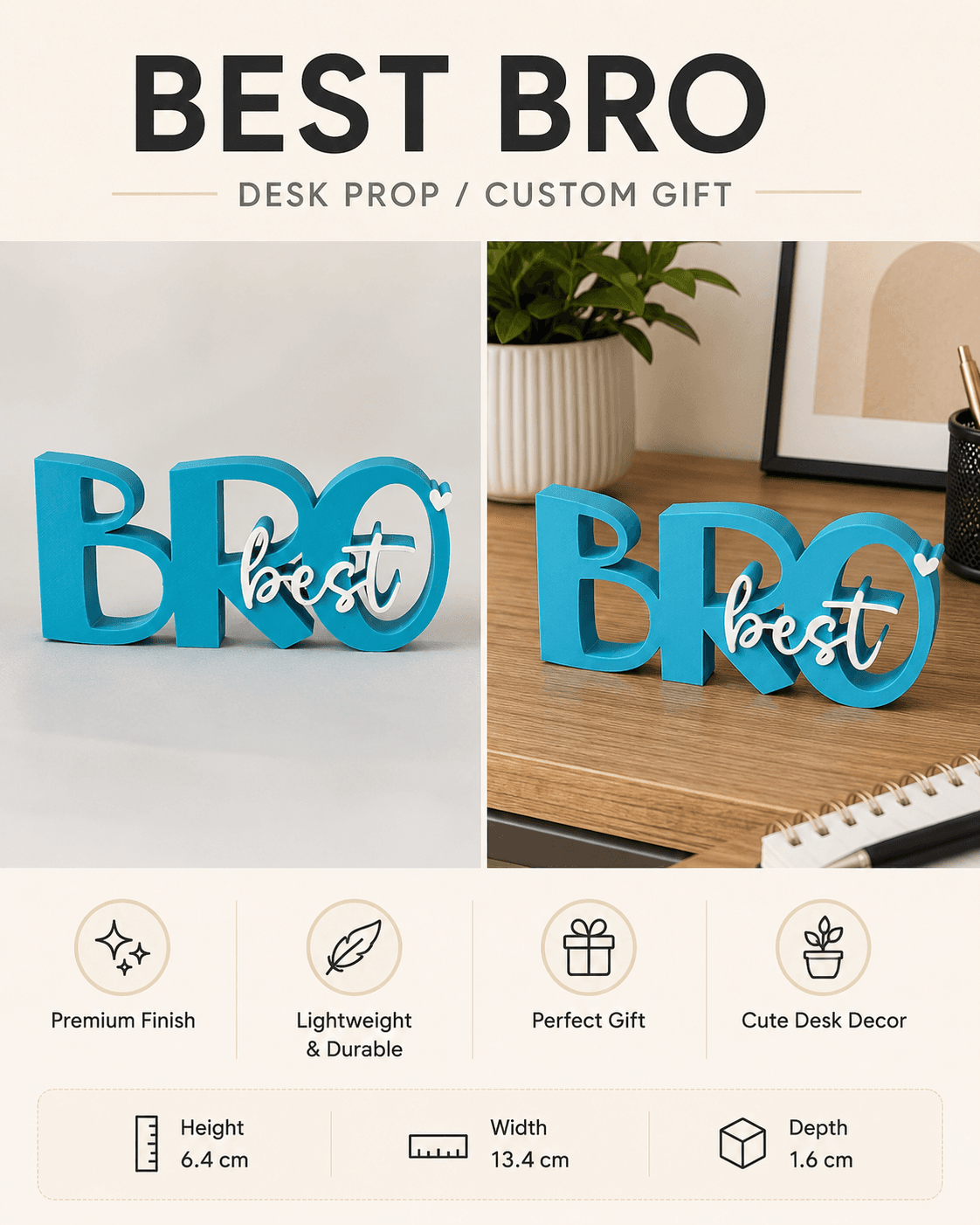3D printed Best Bro desk prop in blue — brother gift and desk keepsake by LayerPop