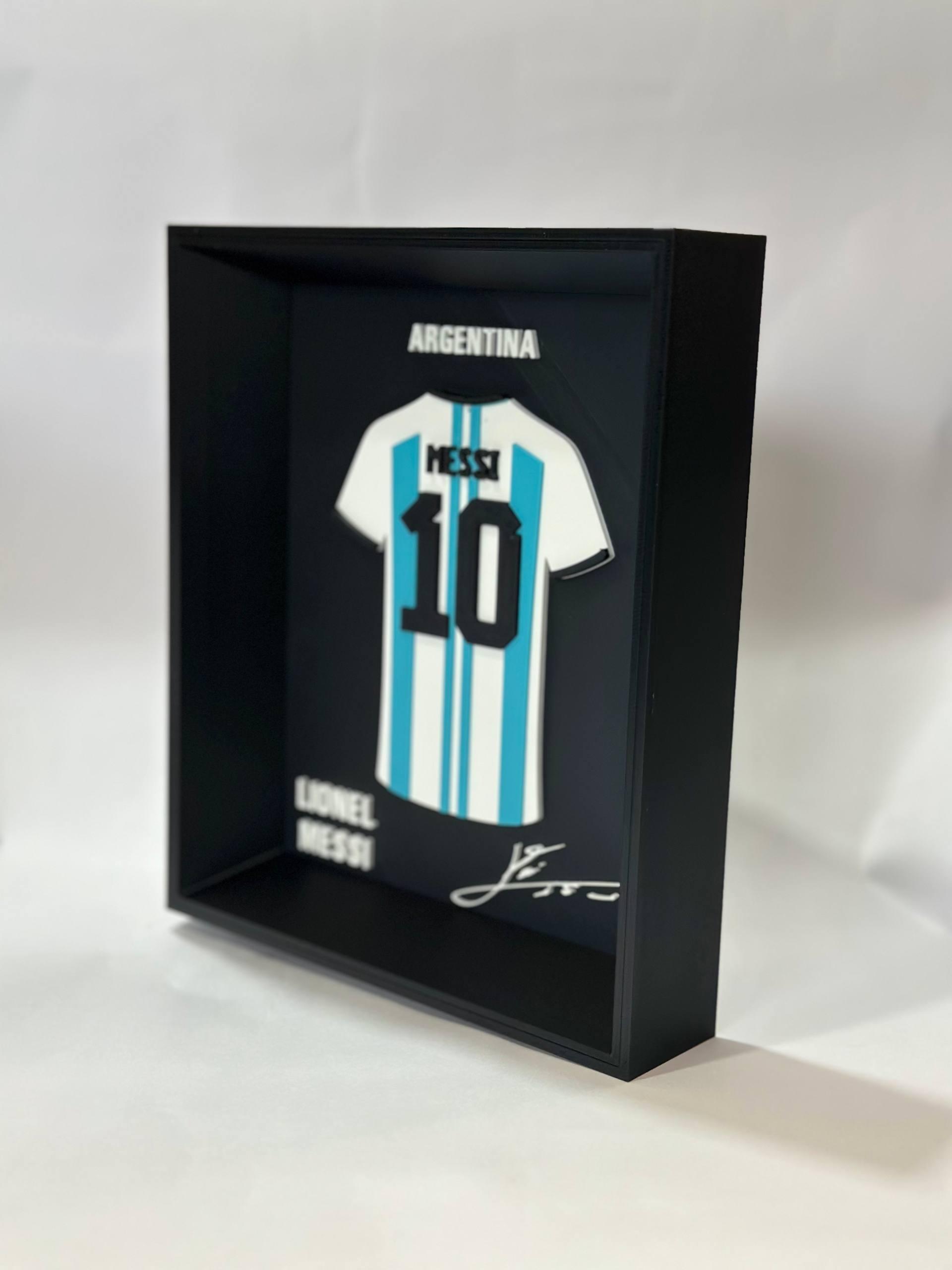 Lionel Messi Argentina #10 jersey 3D printed shadow frame black edition — wall mount and desk display by LayerPop