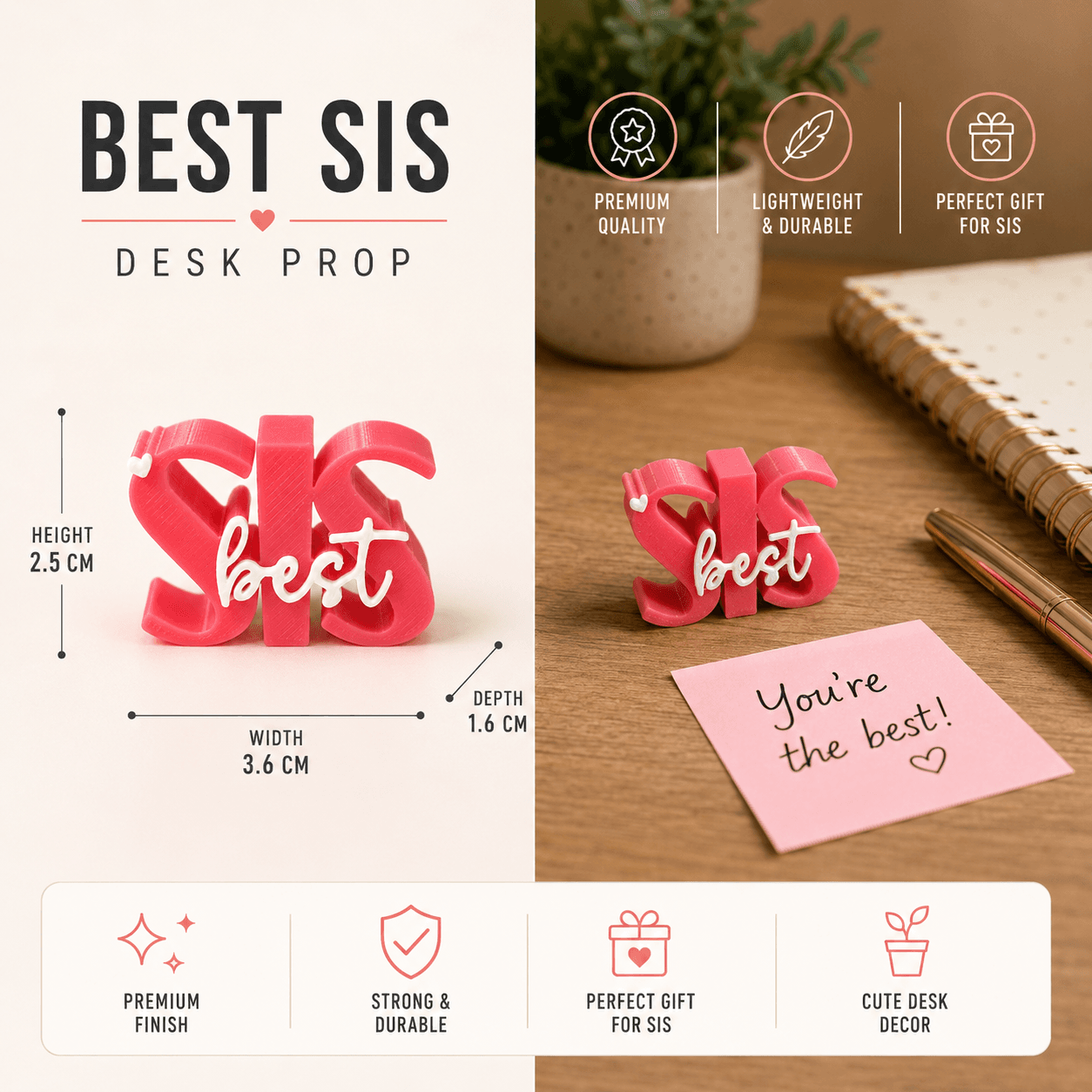 3D printed Best Sis desk prop in pink — sister gift and desk keepsake by LayerPop