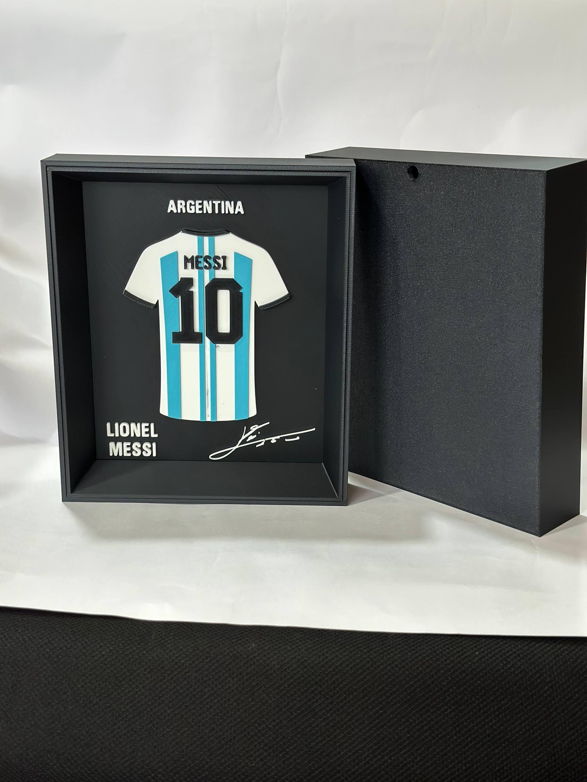 Lionel Messi Argentina #10 jersey 3D printed shadow frame black edition — wall mount and desk display by LayerPop