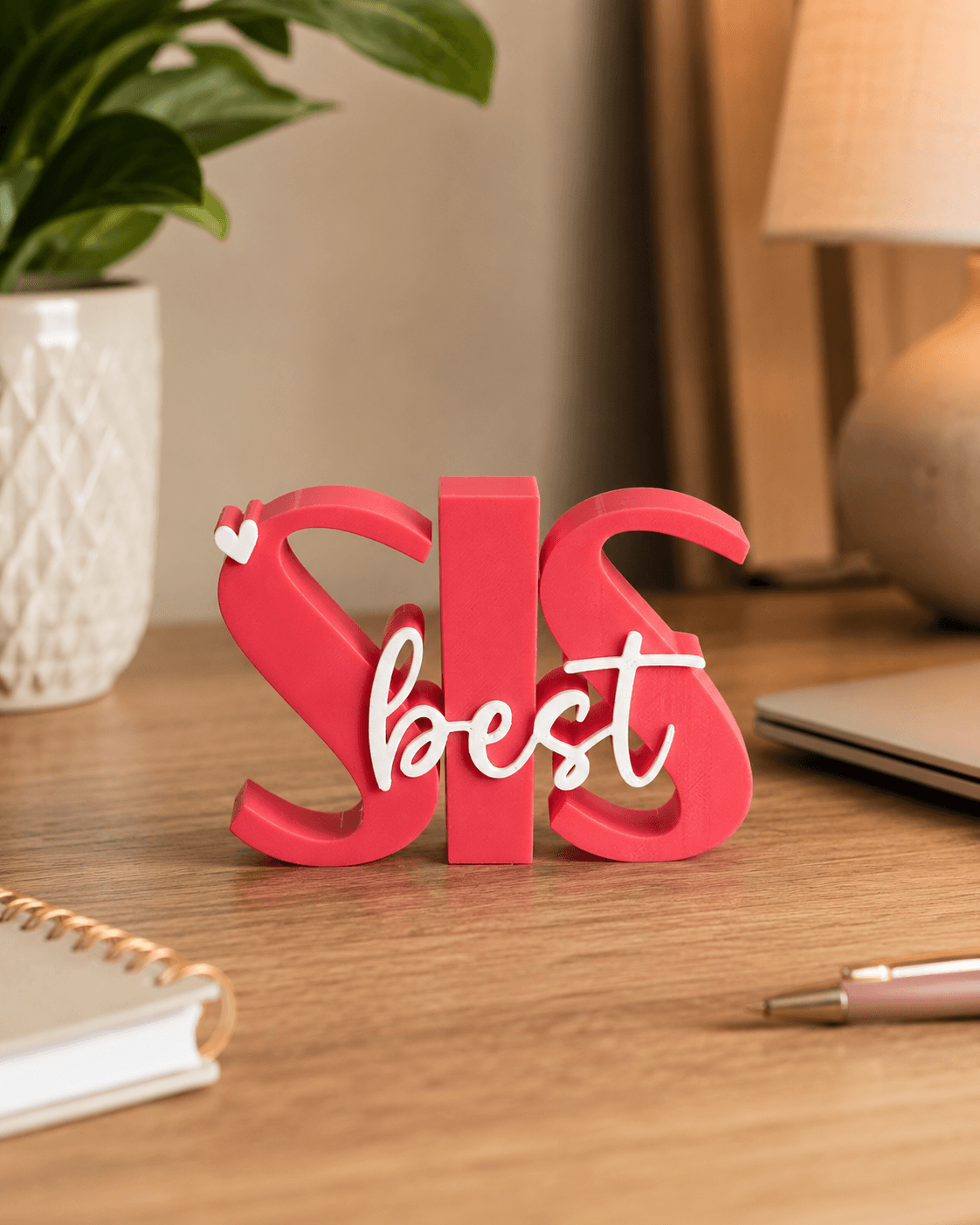 3D printed Best Sis desk prop in pink — sister gift and desk keepsake by LayerPop
