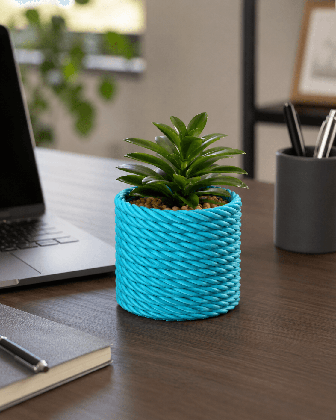 3D printed rope texture planter in sky blue — desk organiser and succulent pot by LayerPop