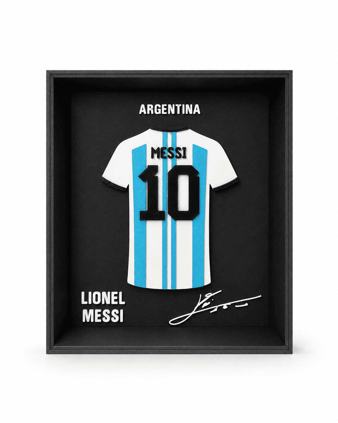 Lionel Messi Argentina #10 jersey 3D printed shadow frame black edition — wall mount and desk display by LayerPop